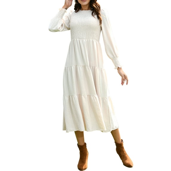 Mengpipi Womens Casual Long Sleeve Midi Dresses Smocked Flowy Tiered Dress Beige, Size 16-18