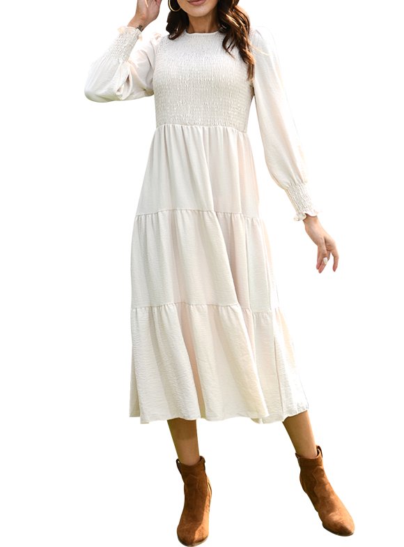 Womens Casual Long Sleeve Midi Dresses Smocked Flowy Tiered Dress Beige, Size 4-6