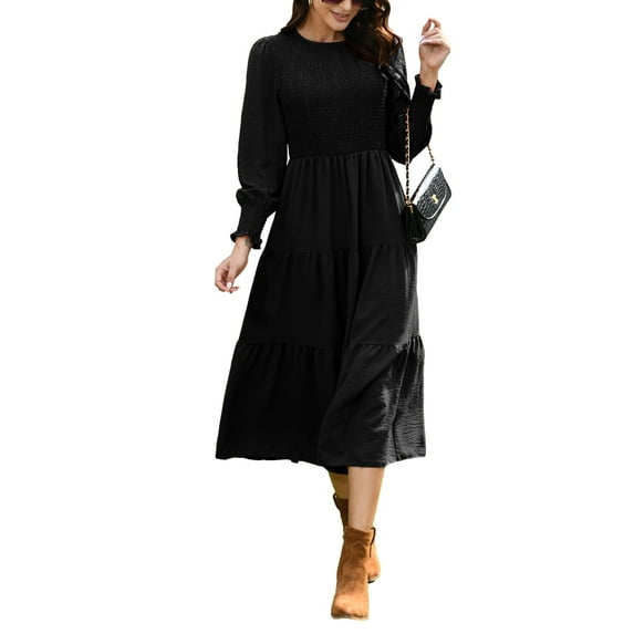 Mengpipi Womens Casual Long Sleeve Midi Dresses Smocked Flowy Tiered Dress Black, Size 12-14