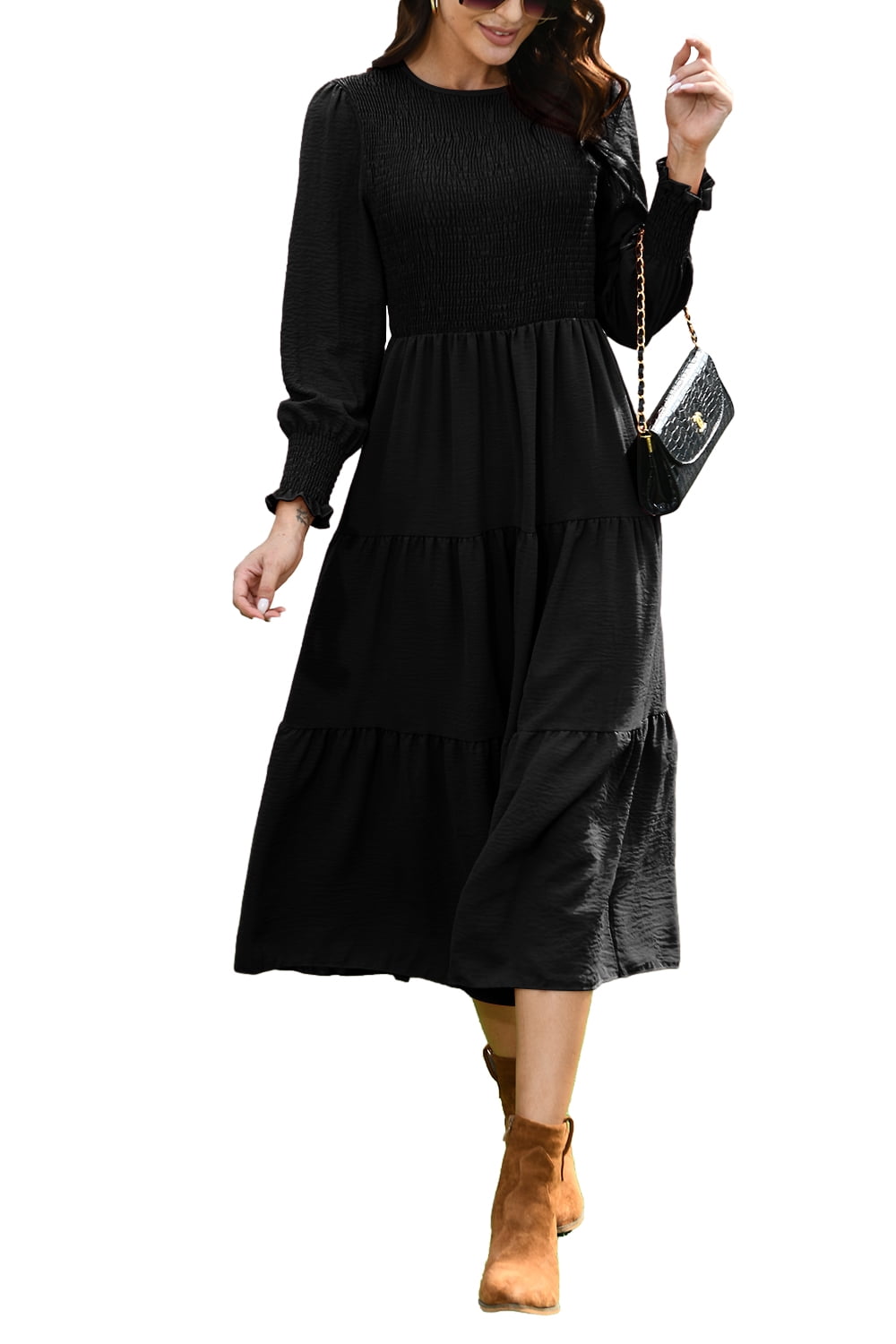 Mengpipi Womens Casual Long Sleeve Midi Dresses Smocked Flowy Tiered Dress Black, Size 16-18 Mengpipi Womens Casual Long Sleeve Midi Dresses Smocked Flowy Tiered Dress Black, Size 16-18