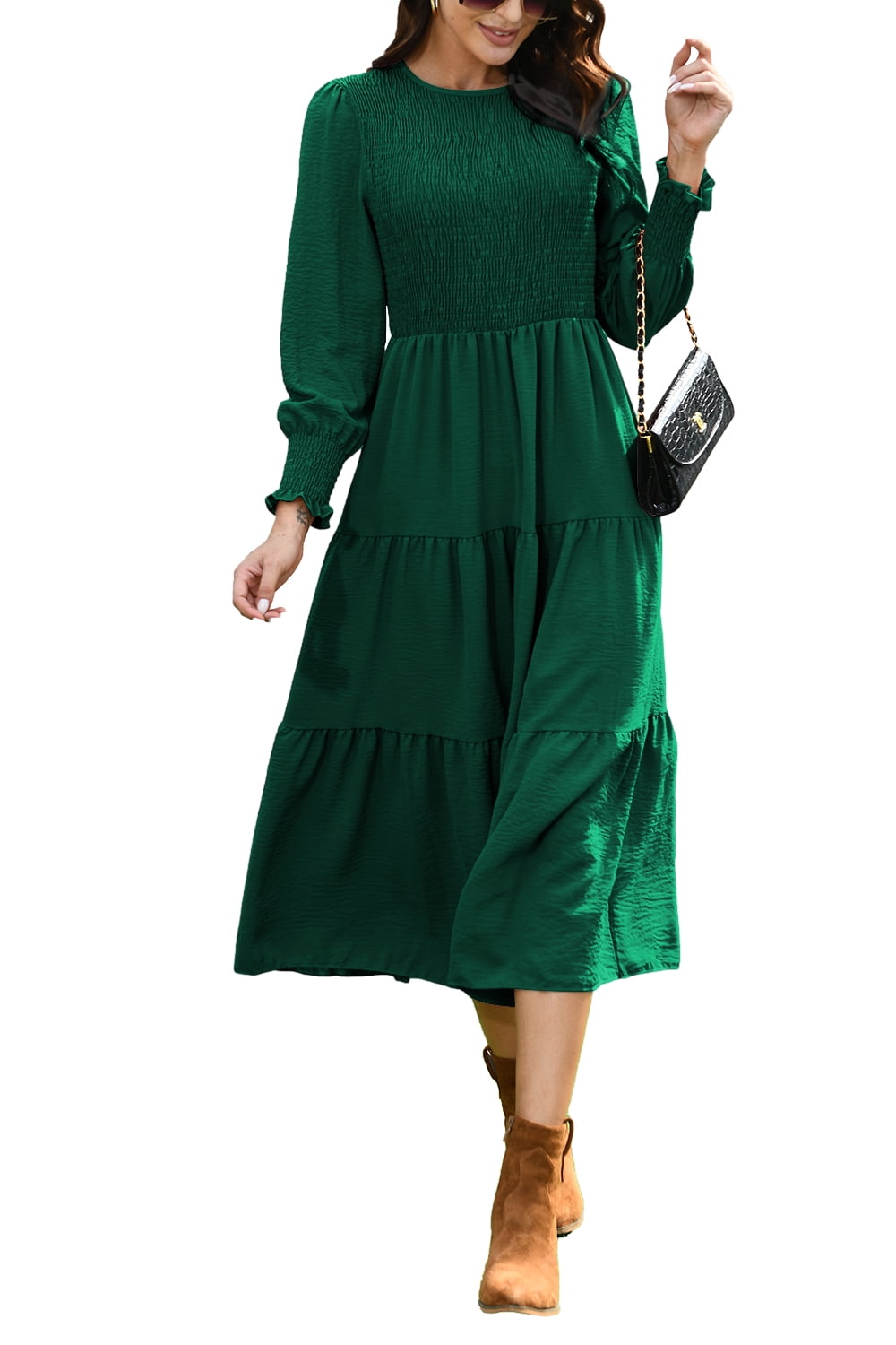Women S Feminine Long Sleeve Midi Dress Layered Ruffles Soft All Over Printed Fabric 01012550209 main image 1