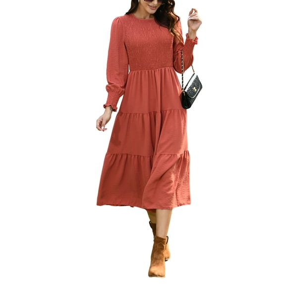 Mengpipi Womens Casual Long Sleeve Midi Dresses Smocked Flowy Tiered Dress Red, Size 12-14