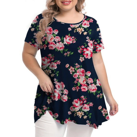 Mengpipi Womens Casual Scoop Collar Plus Size T Shirts Summer Tops Swing Tee Tunic Tops for Leggings, 02 Floral Navyblue-4X
