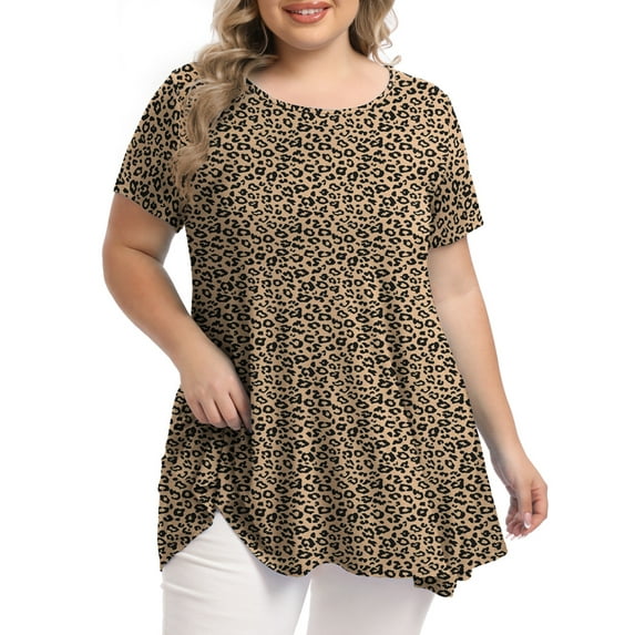 Mengpipi Womens Casual Scoop Collar Plus Size T Shirts Summer Tops Swing Tee Tunic Tops for Leggings, Leopard-khaki-2X