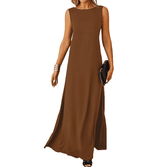 Mengpipi Womens Dresses Sleeveless Elegant Crew Neck A-Line Maxi Dresses S-XXL