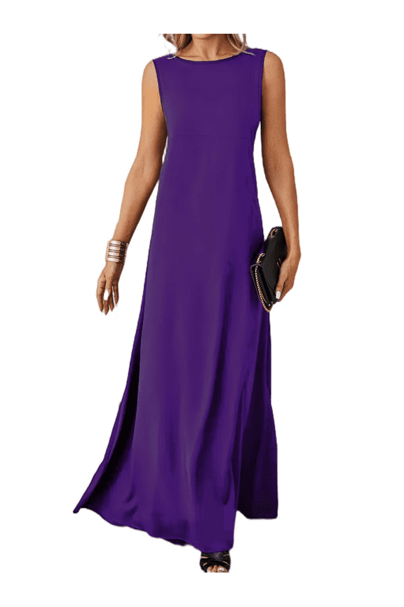 Womens Dresses Sleeveless Elegant Crew Neck A-Line Maxi Dresses S-XXL