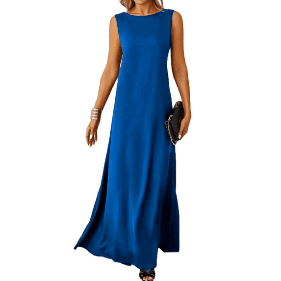 Mengpipi Womens Dresses Sleeveless Elegant Crew Neck A-Line Maxi Dresses S-XXL