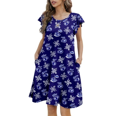 Mengpipi Womens Dresses Summer Casual Ruffle Sleeve Beach Sundresses with Pockets, Blue Cherry-L(US 12-14)