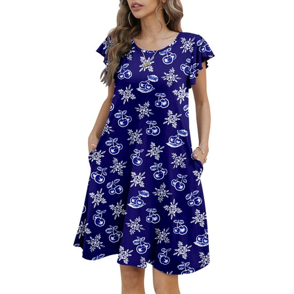 Mengpipi Womens Dresses Summer Casual Ruffle Sleeve Beach Sundresses with Pockets, Blue Cherry-S(US 4-6)