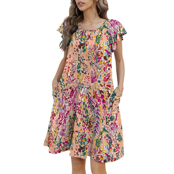 Mengpipi Womens Dresses Summer Casual Ruffle Sleeve Beach Sundresses with Pockets, Colorful Leaves-L(US 12-14)