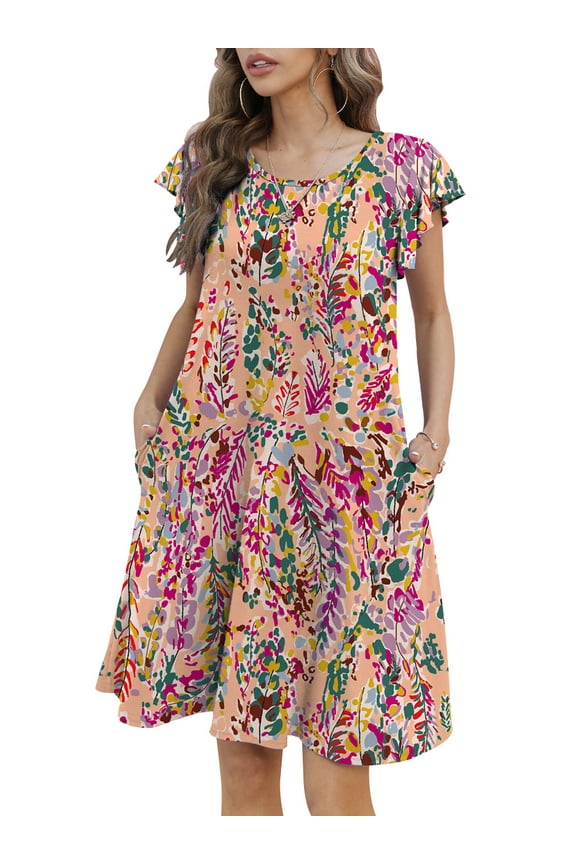 Womens Dresses Summer Casual Ruffle Sleeve Beach Sundresses with Pockets, Colorful Leaves-S(US 4-6)