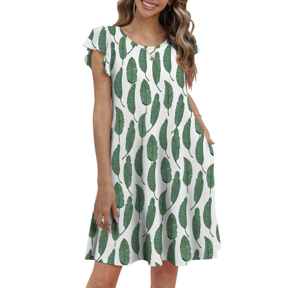 Mengpipi Womens Dresses Summer Casual Ruffle Sleeve Beach Sundresses with Pockets, Leaves-L(US 12-14)