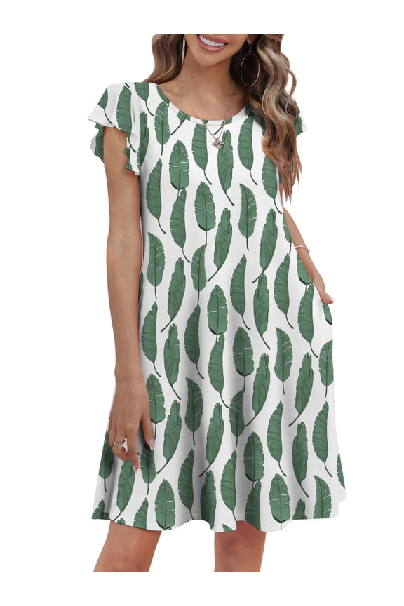 Womens Dresses Summer Casual Ruffle Sleeve Beach Sundresses with Pockets, Leaves-L(US 12-14)
