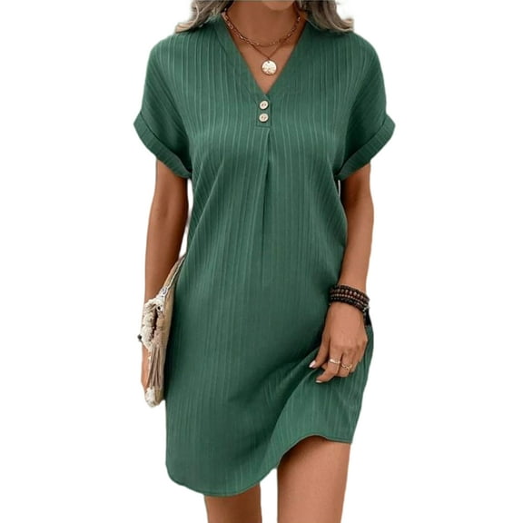 Mengpipi Womens Dresses V-Neck Button-Up Rolled-Up Sleeves Casual Loose Shirt Dresses S-XXL