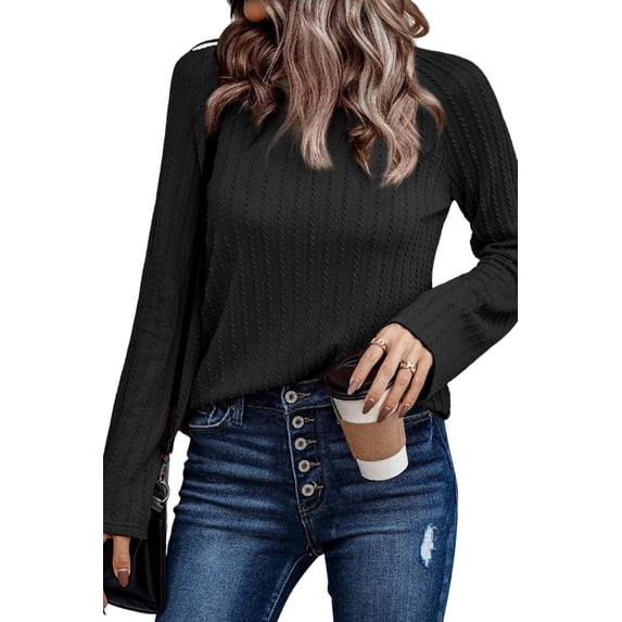 Mengpipi Womens Long Sleeve Shirts Casual Lightweight Pullover Crew Neck Tunic Tops Black, L(US 12-14)