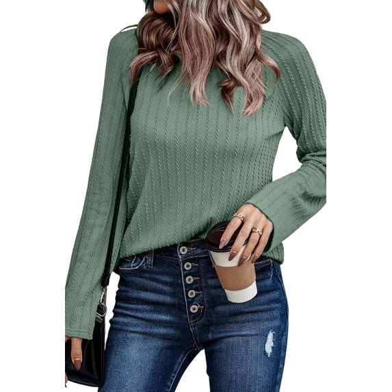 Mengpipi Womens Long Sleeve Shirts Casual Lightweight Pullover Crew Neck Tunic Tops Green, M(US 8-10)