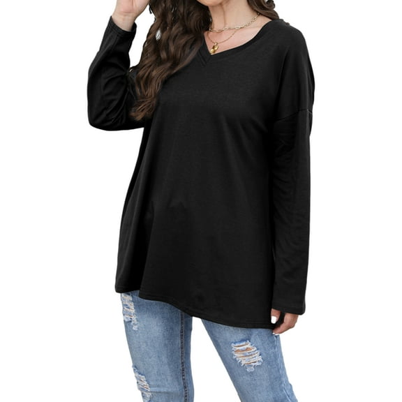 Mengpipi Womens Long Sleeve T-Shirt V-Neck Loose Casual Tops, Black-M(US 8-10)