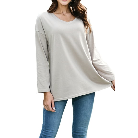 Mengpipi Womens Long Sleeve T-Shirt V-Neck Loose Casual Tops, Brown-XXL(US 20)