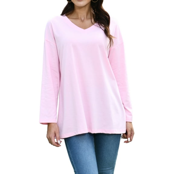 Mengpipi Womens Long Sleeve T-Shirt V-Neck Loose Casual Tops, Pink-L(US 12-14)