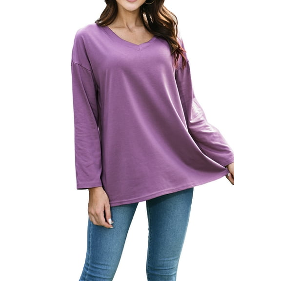 Mengpipi Womens Long Sleeve T-Shirt V-Neck Loose Casual Tops, Purple-L(US 12-14)