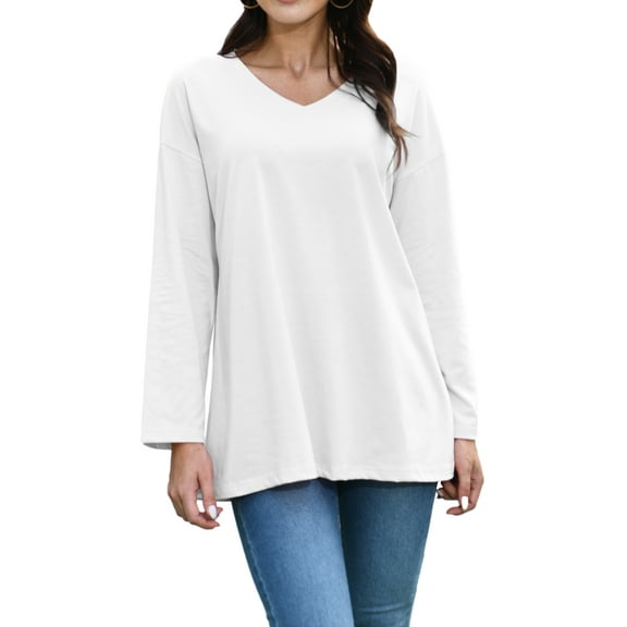 Mengpipi Womens Long Sleeve T-Shirt V-Neck Loose Casual Tops, White-L(US 12-14)