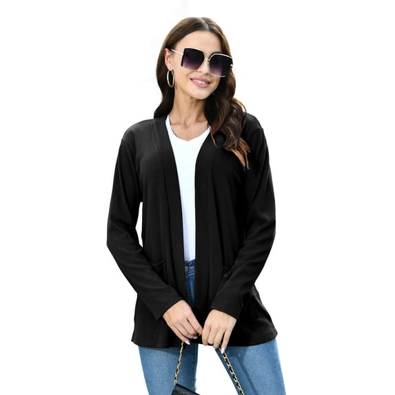 Mengpipi Womens Open Front Cardigans Casual Long Sleeve Classic Knit Sweater Outerwear with Pockets S-XXL