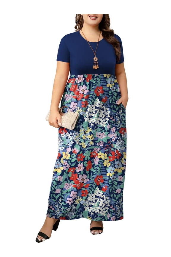 Womens Plus Size Floral Maxi Dress Short Sleeve High Waist Summer Casual Dress with Pockets M-5XL