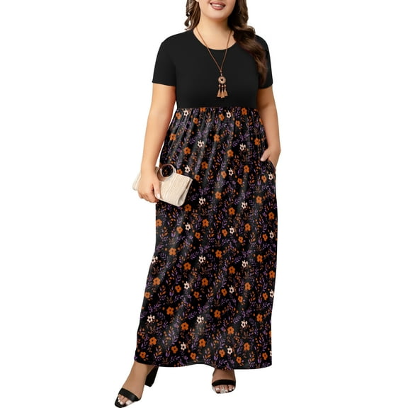 Mengpipi Womens Plus Size Floral Maxi Dress Short Sleeve High Waist Summer Casual Dress with Pockets M-5XL