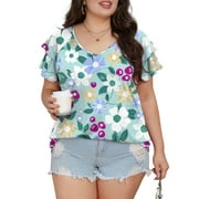 MENGPIPI Womens Plus Size Tops Double Ruffle Short Sleeve V-Neck Casual Loose Shirts 1X-5X