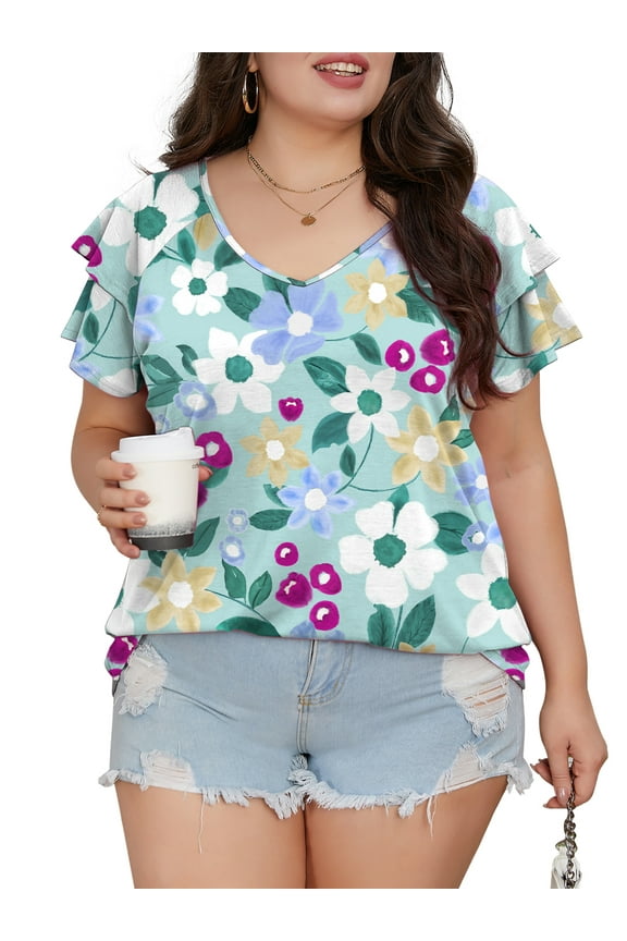 Womens Plus Size Tops Double Ruffle Short Sleeve V-Neck Casual Loose Shirts 1X-5X