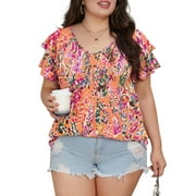 Mengpipi Womens Plus Size Tops Double Ruffle Short Sleeve V-Neck Casual Loose Shirts 1X-5X