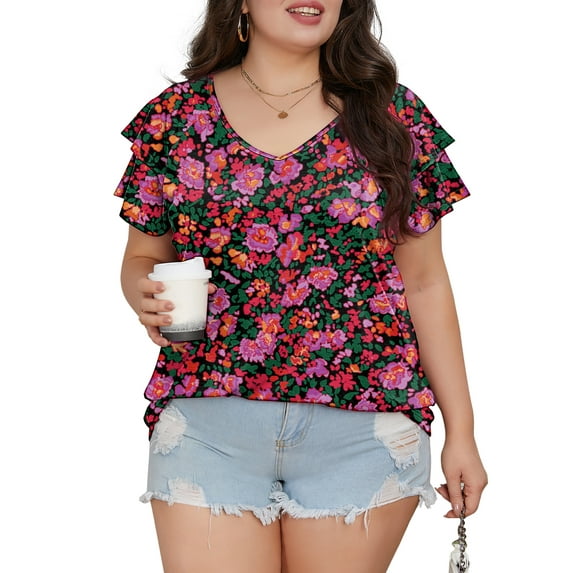 Mengpipi Womens Plus Size Tops Double Ruffle Short Sleeve V-Neck Casual Loose Shirts 1X-5X