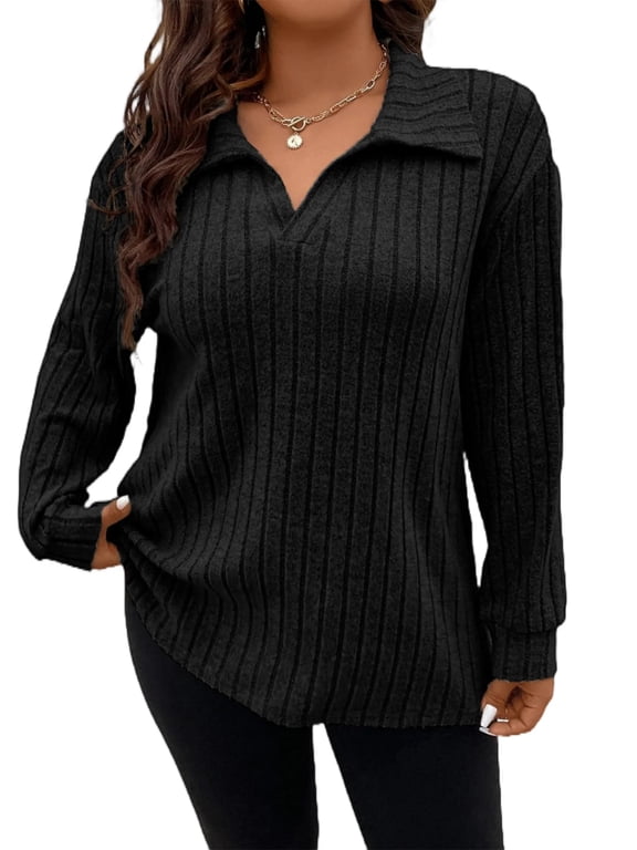 Womens Plus Size Tops Long Sleeve V-Neck Polo Shirts Pullover Sweaters Fall Winter 1X-5X