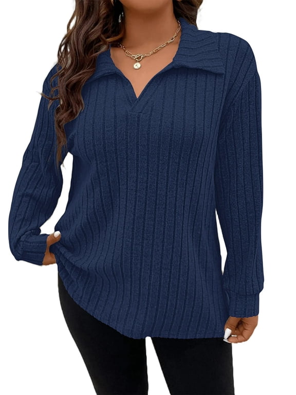 Womens Plus Size Tops Long Sleeve V-Neck Polo Shirts Pullover Sweaters Fall Winter 1X-5X