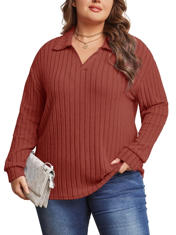 Womens Plus Size Tops Long Sleeve V-Neck Polo Shirts Pullover Sweaters Fall Winter 1X-5X