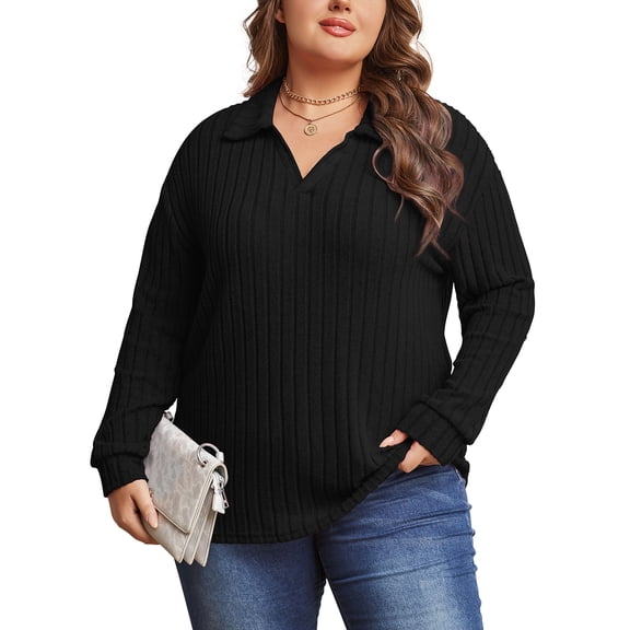 Mengpipi Womens Plus Size Tops Long Sleeve V-Neck Polo Shirts Pullover Sweaters Fall Winter 1X-5X