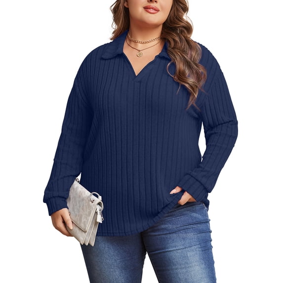 Mengpipi Womens Plus Size Tops Long Sleeve V-Neck Polo Shirts Pullover Sweaters Fall Winter 1X-5X