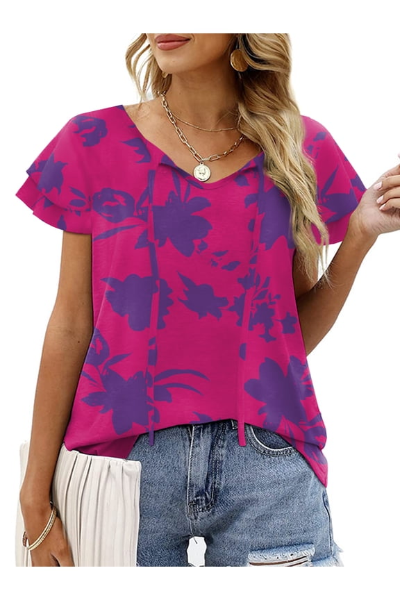 Womens Plus Size Tops Ruffle Sleeve Lace-Up V-Neck Shirts Loose Fit Casual T-Shirts M-4X