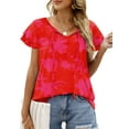 thumbnail image 1 of Mengpipi Womens Plus Size Tops Ruffle Sleeve Lace-Up V-Neck Shirts Loose Fit Casual T-Shirts Red M-4X, 1 of 8