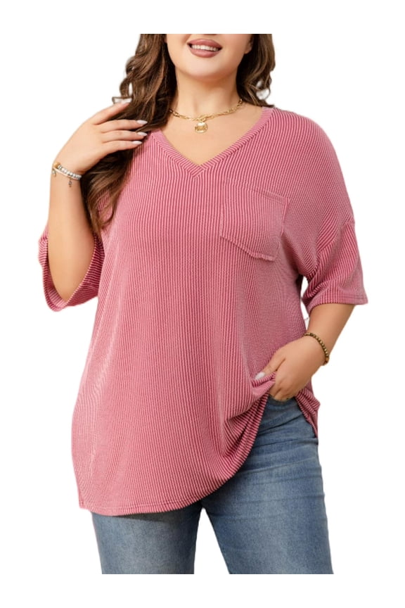 Womens Plus Size V-Neck Ribbed Knit Top Casual Loose Fit Half Sleeve T-Shirt 1X-5X
