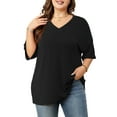 thumbnail image 1 of Mengpipi Womens Plus Size V-Neck Ribbed Knit Top Casual Loose Fit Half Sleeve T-Shirt 1X-5X, 1 of 7