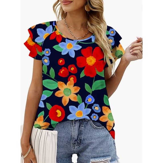 Mengpipi Womens Tops Summer Double Ruffle Short Sleeve V-Neck Casual Blouses, White Blue-3XL(US 24-26)