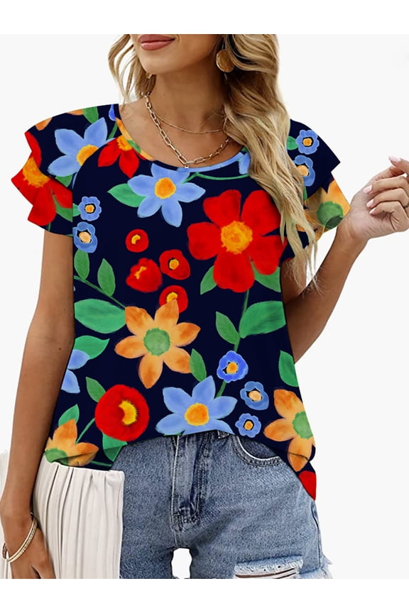Womens Tops Summer Double Ruffle Short Sleeve V-Neck Casual Blouses, White Blue-3XL(US 24-26)
