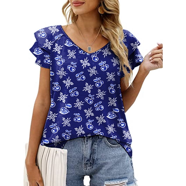 Mengpipi Women's V-Neck Double Ruffle Short Sleeve Tops, Casual Summer ...