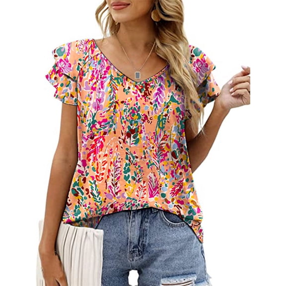 Mengpipi Womens Tops Summer Double Ruffle Short Sleeve V-Neck Casual Blouses, White Blue-3XL(US 24-26)