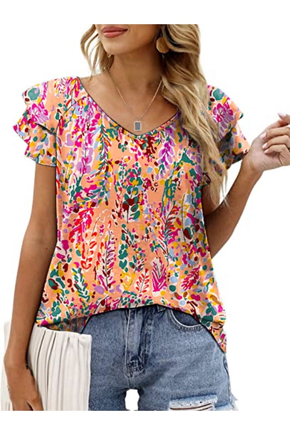 Womens Tops Summer Double Ruffle Short Sleeve V-Neck Casual Blouses, White Blue-3XL(US 24-26)