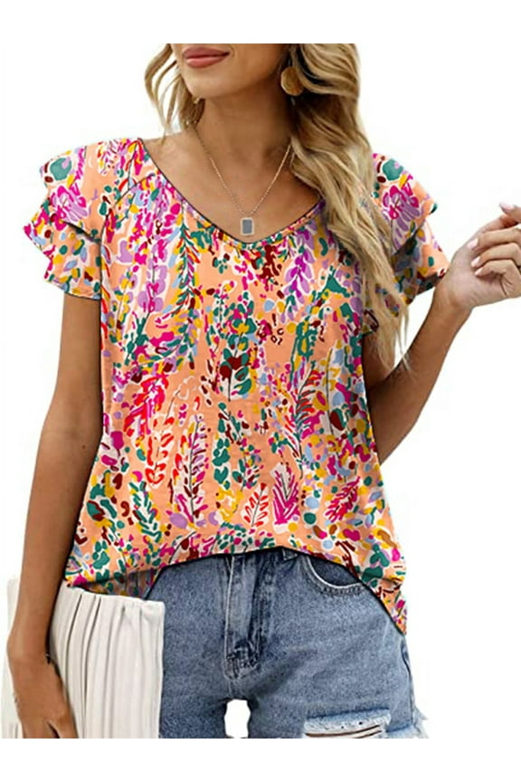 Womens Tops Summer Double Ruffle Short Sleeve V-Neck Casual Blouses, White Blue-3XL(US 24-26)