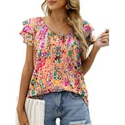 Mengpipi Womens Tops Summer Double Ruffle Short Sleeve V-Neck Casual Blouses, Colorful Leaves-L(US 12-14)
