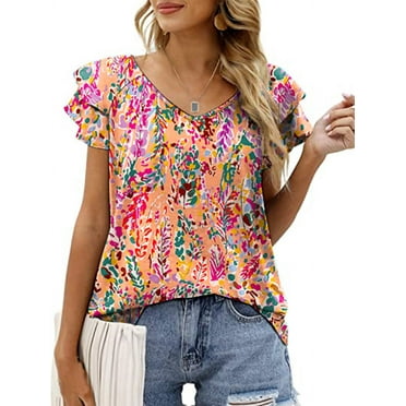 Mengpipi Womens Tops Summer Double Ruffle Short Sleeve V-Neck Casual Blouses, Colorful Leaves-XL(US 16-18)