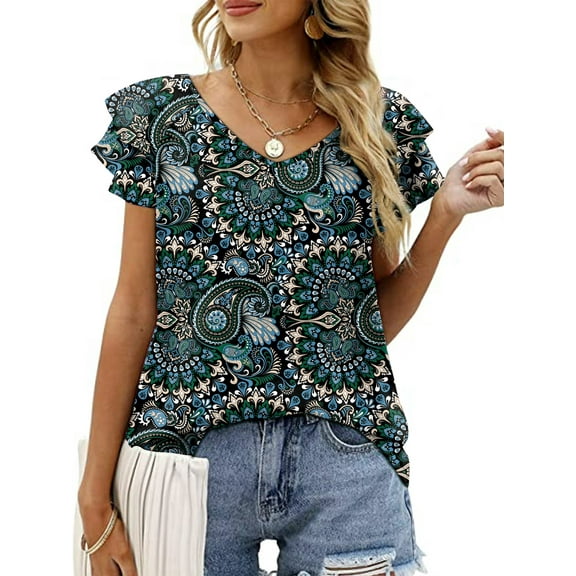 Mengpipi Womens Tops Summer Double Ruffle Short Sleeve V-Neck Casual Blouses, White Blue-3XL(US 24-26)